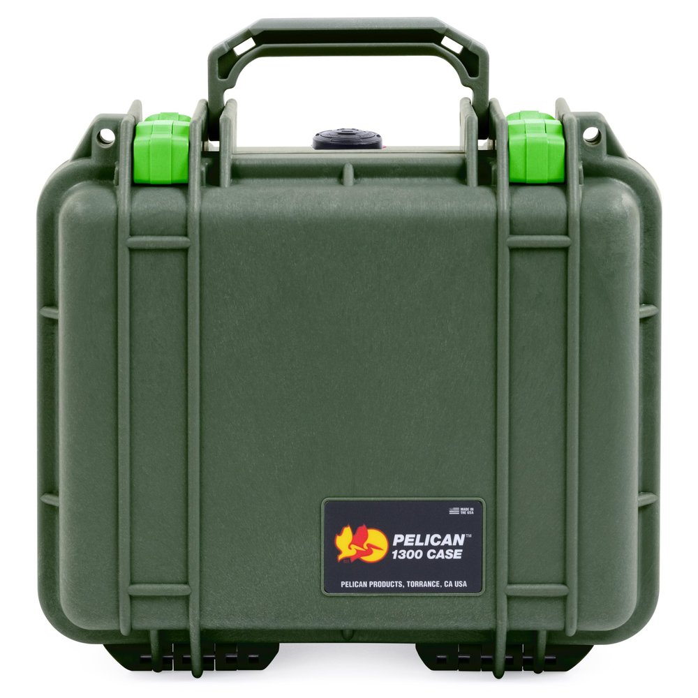 ColorCase Pelican Protector 1300 Case OD Green - Small Size Waterproof Case with Pick & Pluck Foam & Convoluted Lid Foam - Lime Green Latches