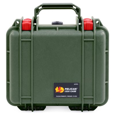 ColorCase Pelican Protector 1300 Case OD Green - Small Size Waterproof Case with Pick & Pluck Foam & Convoluted Lid Foam - Red Latches