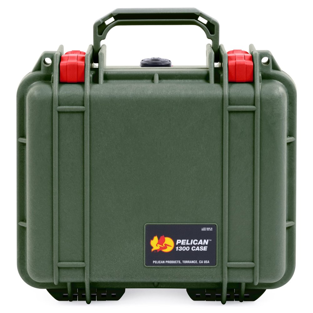 ColorCase Pelican Protector 1300 Case OD Green - Small Size Waterproof Case with Pick & Pluck Foam & Convoluted Lid Foam - Red Latches