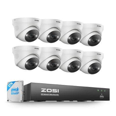 ZOSI 4K Security PoE Camera System with Person Vehicle Detection,8pcs 4K Outdoor Indoor IP Cameras,2 Way Audio,Night Vision,Sound Light Alarm,8 Ports 16CH 8MP NVR with 2TB HDD for Home 24/7 Recording
