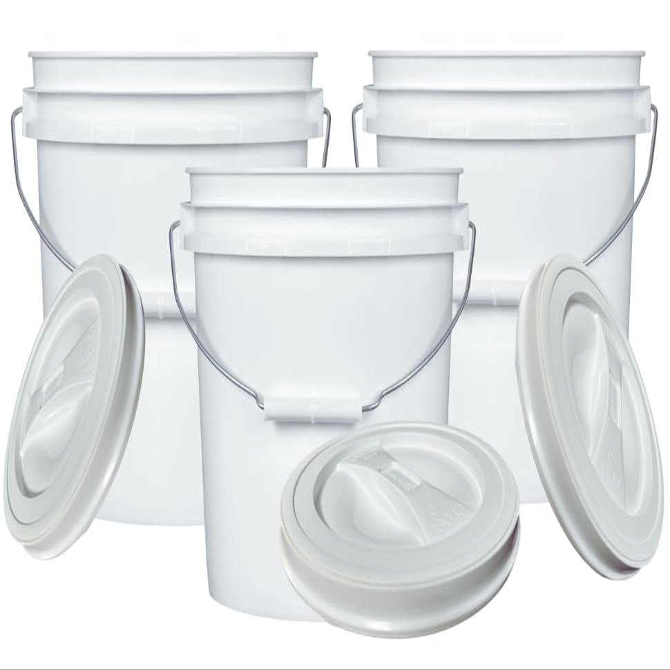 House Naturals 2 Gallon Bucket with Screw on Lid - Pack of 3 Made in USA Containers (White Buckets with White Lids)