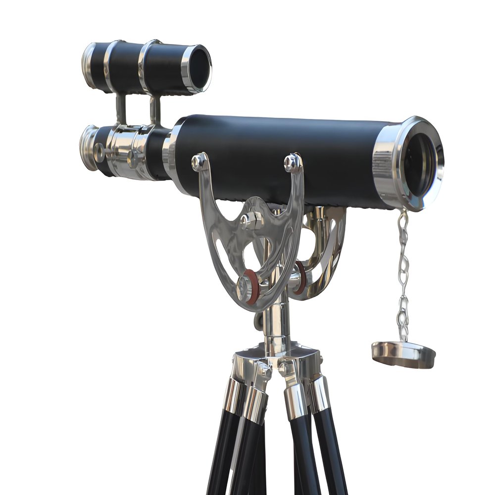 MARY NAUTICAL- Vintage Solid Brass Nautical Port Marine Navy Telescope Double Barrel Brass Chrome Finish & (Double Barrel Telescope (Height:50" Inches))
