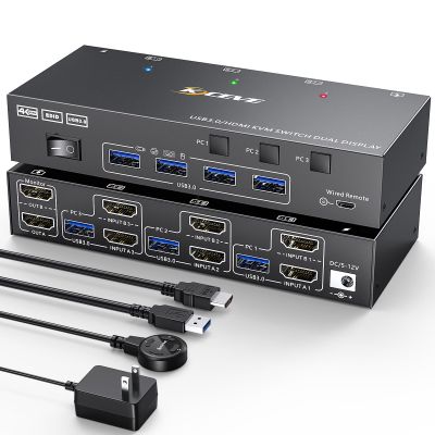 HDMI KVM Switch 2 Monitors 3 Computers 4K@60Hz, Dual Monitor KVM Switch for 3 Computers Share 2 Displays and Keyboard Mouse Printer, Wired Remote and 5 Cables Included