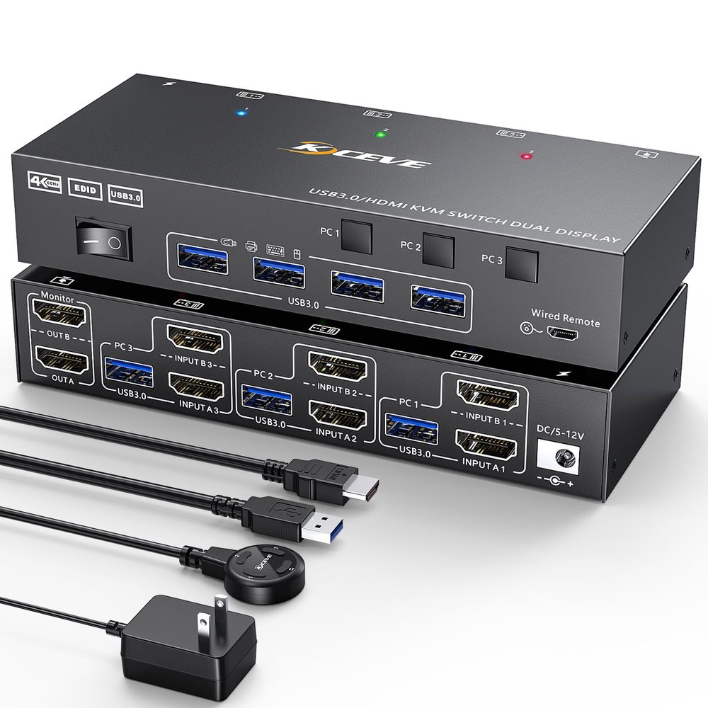 HDMI KVM Switch 2 Monitors 3 Computers 4K@60Hz, Dual Monitor KVM Switch for 3 Computers Share 2 Displays and Keyboard Mouse Printer, Wired Remote and 5 Cables Included