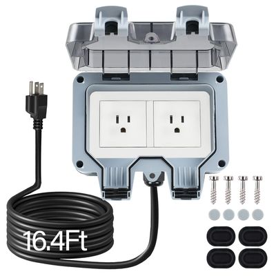 ZUYIYI Outdoor Power Outlet Box with 16.4Ft Extension Cord, NEMA 5-15R, STW 14 AWG, Weatherproof Waterproof IP66 Electrical Outlet Extender, Exterior Wall Power Socket w/Cover for Garden
