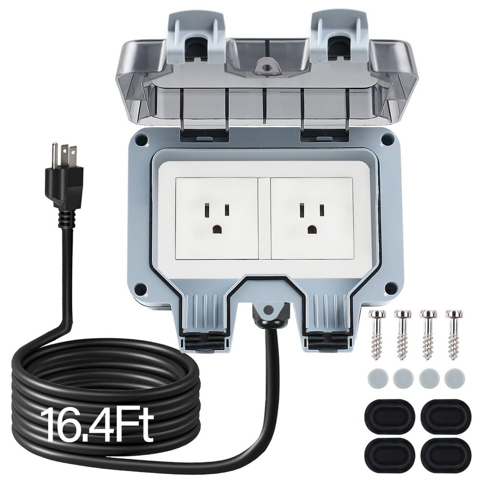 ZUYIYI Outdoor Power Outlet Box with 16.4Ft Extension Cord, NEMA 5-15R, STW 14 AWG, Weatherproof Waterproof IP66 Electrical Outlet Extender, Exterior Wall Power Socket w/Cover for Garden