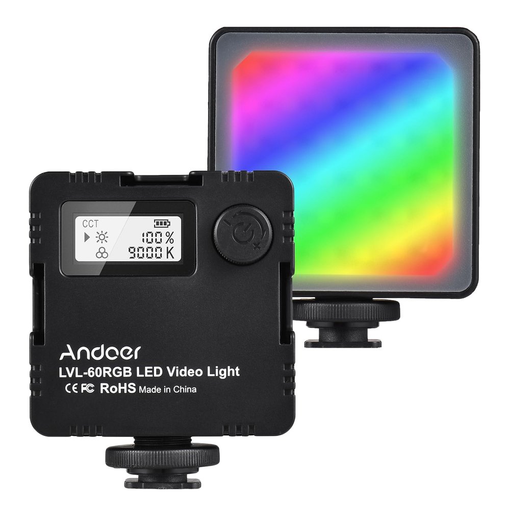 Andoer LVL-60RGB Mini LED Video Light Two-Tone 2500K-9000K Built-in Rechargeable Battery Dimmable with 3 Cold Shoe Stands LCD Display Vlog Light