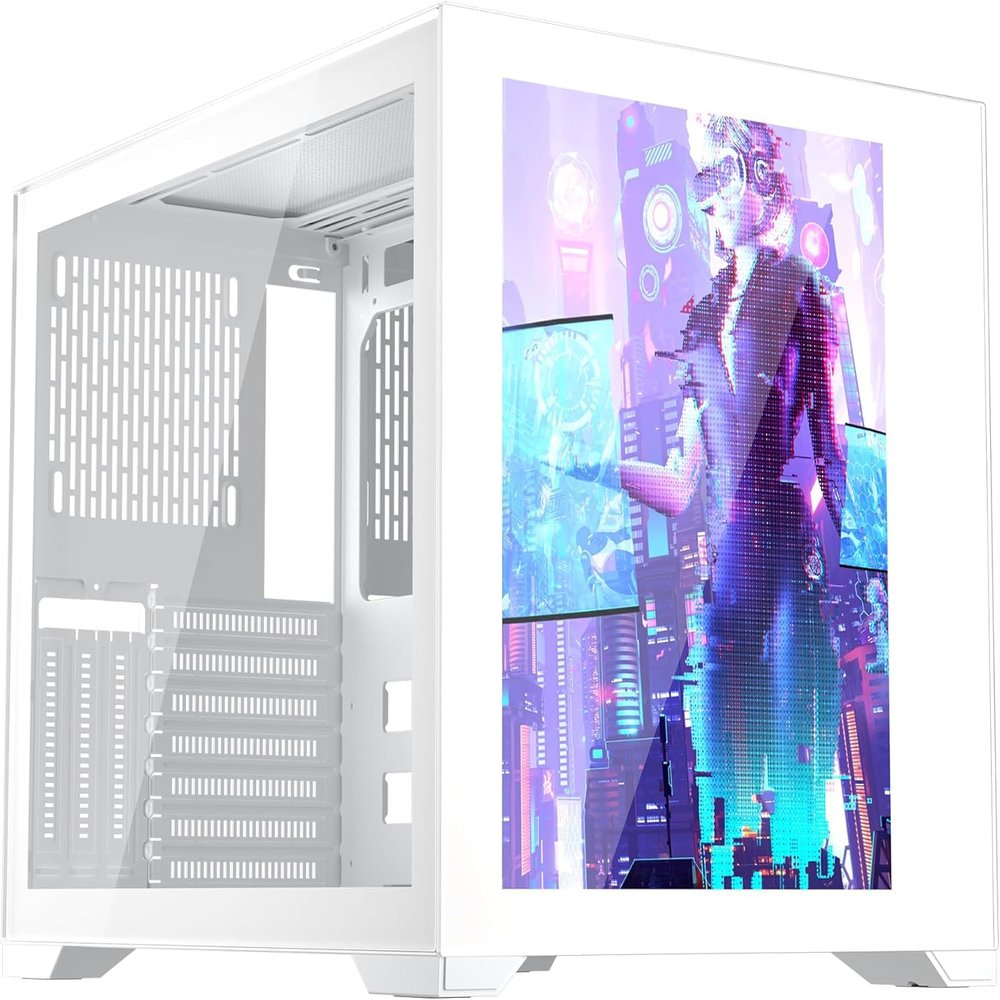 1STPLAYER SP7-EV White Gaming PC Case, ATX Mid Tower with Front Display Panel, Tempered Glass & 360mm Radiator Support, USB 3.0 & Type C Ready