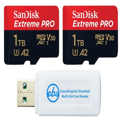 SanDisk Extreme Pro 1TB Micro SD (2) Memory Cards Works with GoPro Action Camera Hero 12 Black (SDSQXCD-1T00-GN6MA) V30 U3 Bundle with (1) Everything But Stromboli MicroSDXC & SD Card Reader