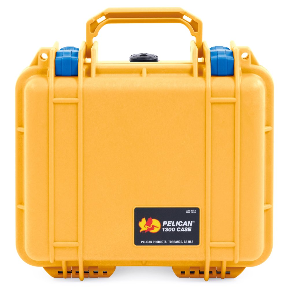 ColorCase Pelican Protector 1300 Case Yellow - Small Size Waterproof Case with TrekPak Divider System & Convoluted Lid Foam - Blue Latches