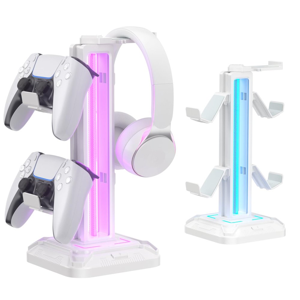 KDD RGB Headset Stand with 9 Light Modes - Controller Holder for Desk - Rotatable Headphone Stand & Detachable Controller Hook for PC Earphone Accessories(White)