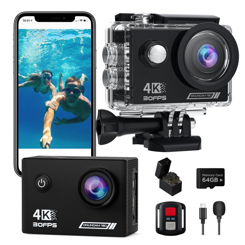 Action Camera 4K30fps with 64G SD Card,HD Waterproof Camera 131ft Underwater Cameras 20MP Pre-Recording WiFi Camera 170 Remote Control Sports Cameras with 2 Batteries Helmet Mount Accessories Kits