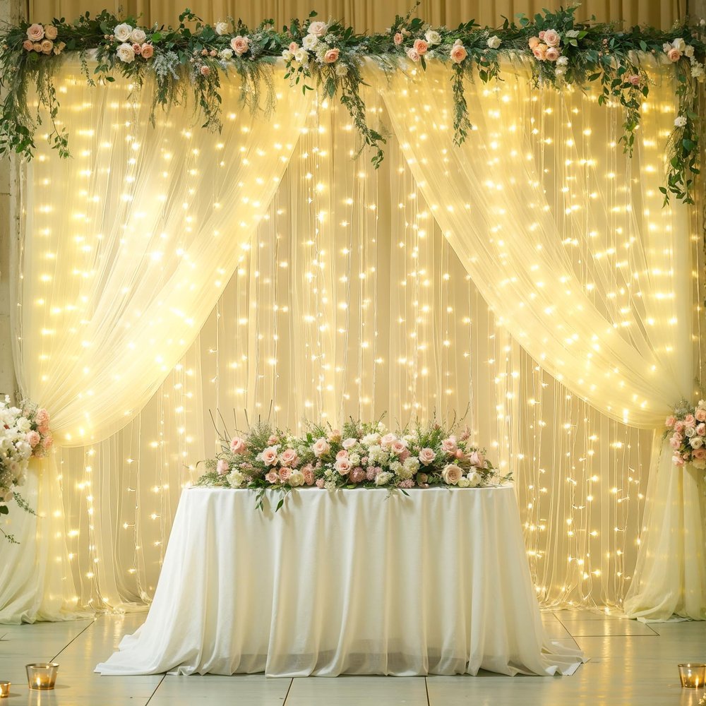 4 Panels Champagne Sheer Tulle Backdrop Curtains with Lights String for Party Wedding Wrinkle Free Curtain Backdrops Drapes for Baby Shower Bridal Shower Photo Background Home Decorations 20ft x 8ft