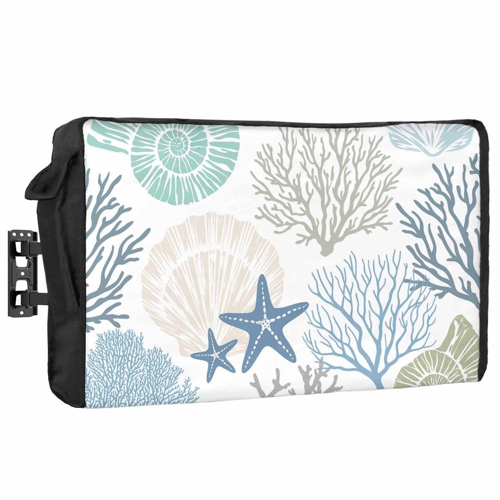 Coastal Outdoor TV Cover 30 to 32 Inches Weatherproof & Waterproof, Summer Beach Blue Teal Coral Outdoor TV Enclosure with Remote Control Pocket, Nautical Starfish TV Screen Protectors for Outside TV