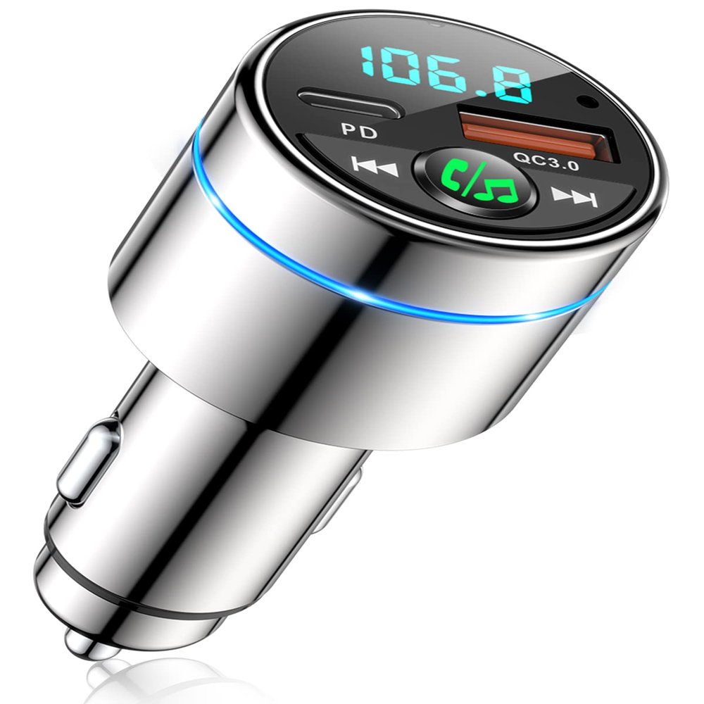 RIWUSI FM Transmitter for Car Bluetooth 5.3, [All-Metal] PD 30W & QC3.0 18W Fast Car Charger, Wireless FM Radio Kit Bluetooth Car Adapter, Noise Cancelling Hands-Free Call, Blue Light - Silver