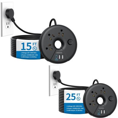 Extra Long Extension Cord 15 ft and 25 ft, NTONPOWER Flat Plug Power Strip with 3 Outlets 3 USB Ports(1 USB C), Flat Plug Extension Cord, Extension Cord with Multiple Outlets for Lndoor, Home, Office