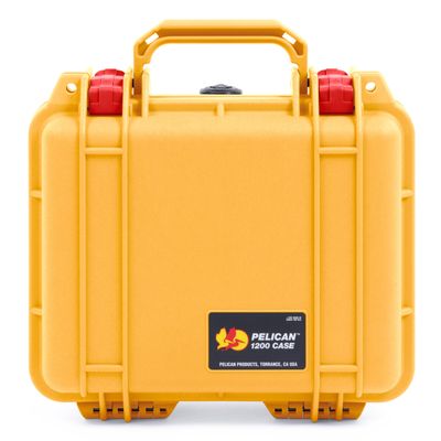 ColorCase Pelican 1200 Case Yellow - Small Size Waterproof Case with TrekPak Divider System & Convoluted Lid Foam - Red Latches