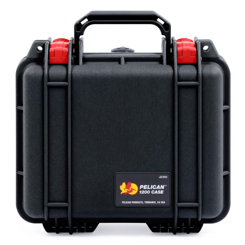 ColorCase Pelican Protector 1200 Case Black - Small Size Waterproof Case with Pick & Pluck Foam & Convoluted Lid Foam - Red Latches