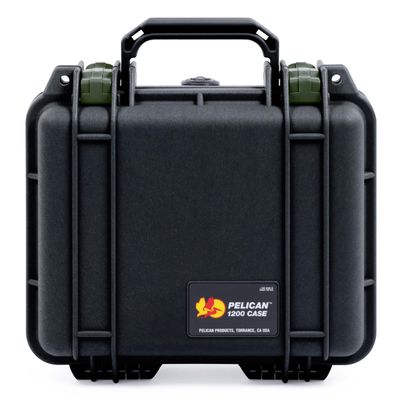 ColorCase Pelican 1200 Case Black - Small Size Waterproof Case with TrekPak Divider System & Convoluted Lid Foam - OD Green Latches