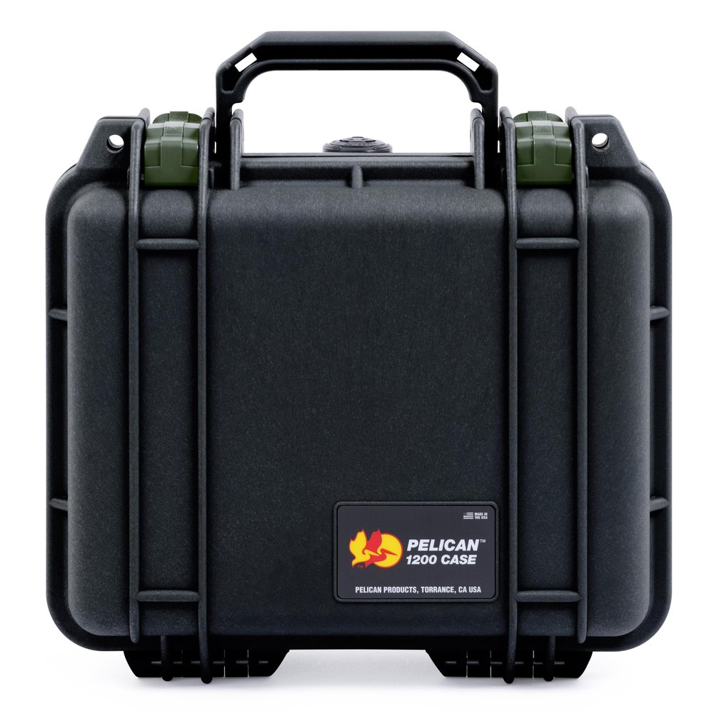 ColorCase Pelican 1200 Case Black - Small Size Waterproof Case with TrekPak Divider System & Convoluted Lid Foam - OD Green Latches