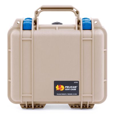 ColorCase Pelican 1200 Case Desert Tan - Small Size Waterproof Case with TrekPak Divider System & Convoluted Lid Foam - Blue Latches
