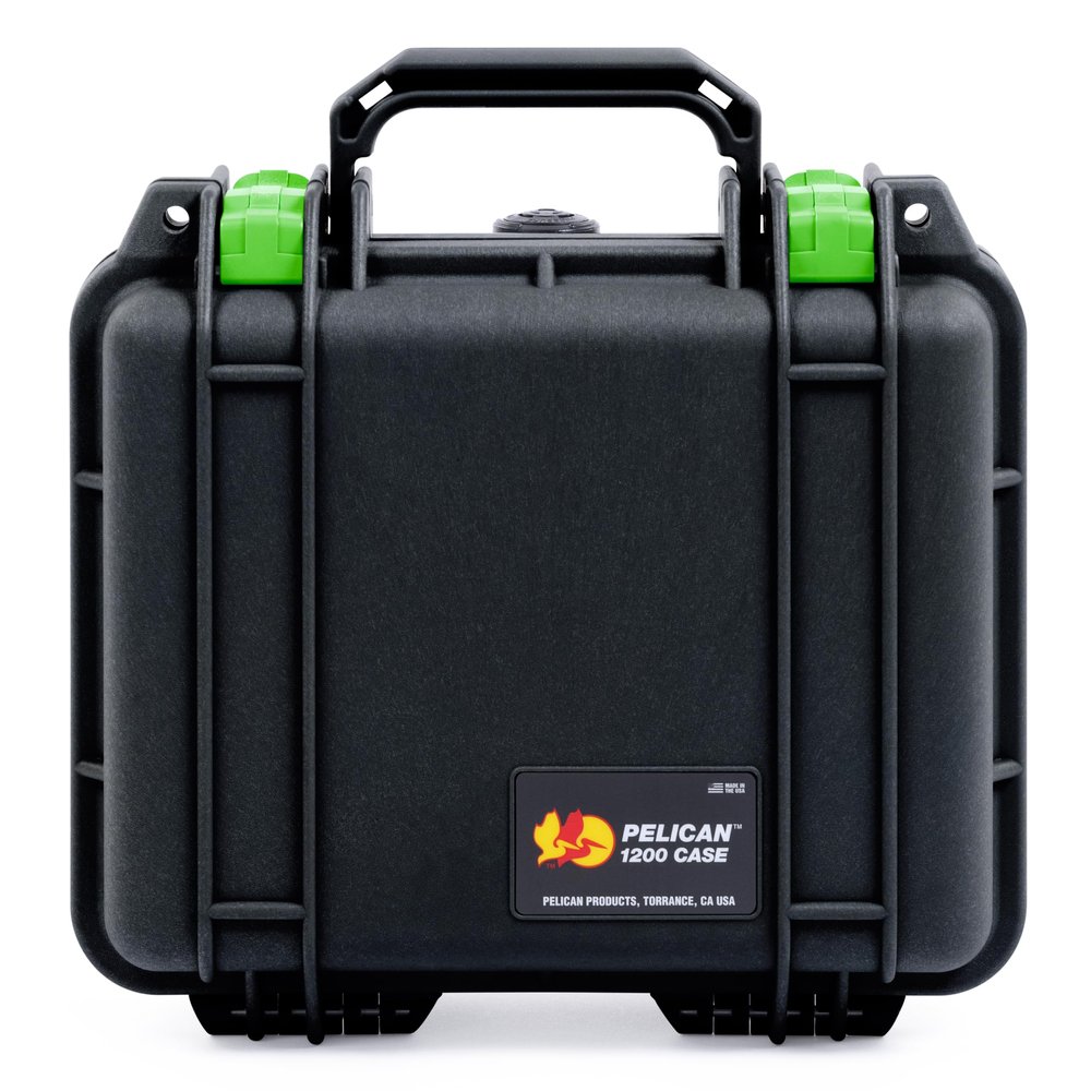 ColorCase Pelican Protector 1200 Case Black - Small Size Waterproof Case with Pick & Pluck Foam & Convoluted Lid Foam - Lime Green Latches