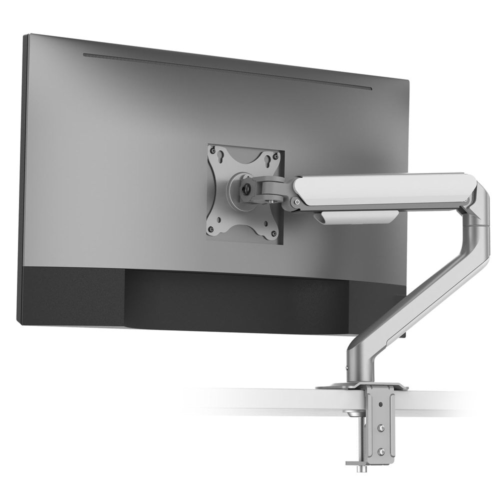 Desky Spring Eco Single Monitor Arm Gas Spring Mount for 1332" Monitors, Full Motion Adjustability, Cable Management, VESA 75/100, Heavy-Duty Aluminum Silver