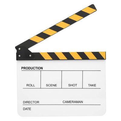 Cyrank Movie Directors Clapboard, 12"X10" Acrylic Film Cut Action Scene Clapper Board Cut Action Scene Clapper White Film Slate for Photography(Yellow Striped)