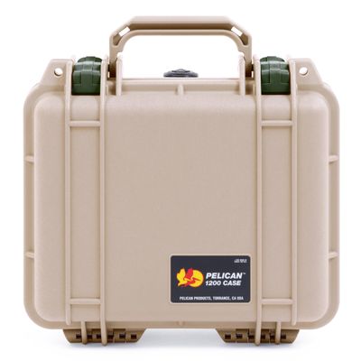 ColorCase Pelican 1200 Case Desert Tan - Small Size Waterproof Case with TrekPak Divider System & Convoluted Lid Foam - OD Green Latches