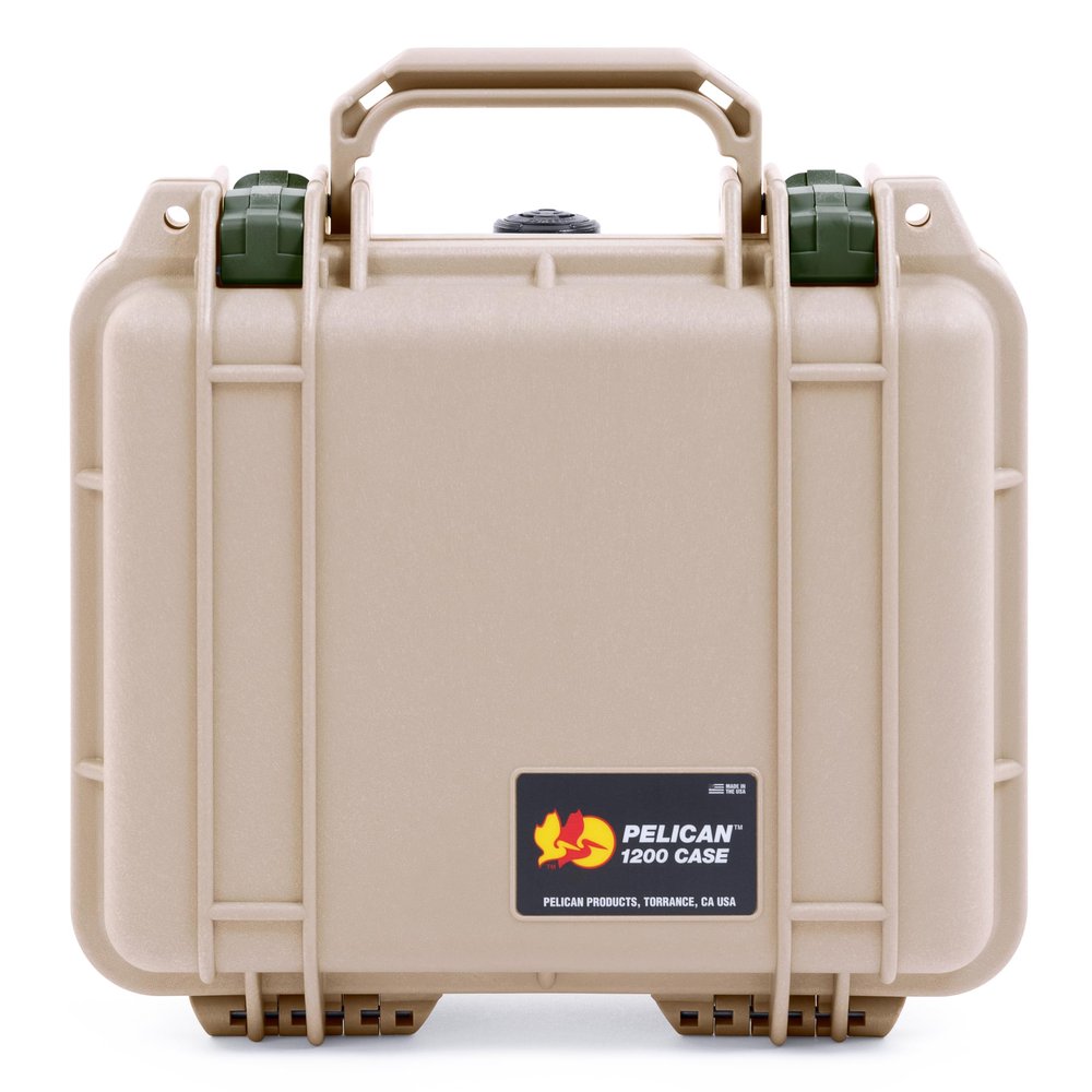 ColorCase Pelican 1200 Case Desert Tan - Small Size Waterproof Case with TrekPak Divider System & Convoluted Lid Foam - OD Green Latches