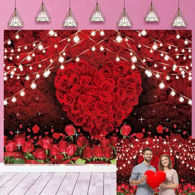 Valentine's Day Photography Backdrop 7x5ft Romantic Red Love Heart Rose Backdrop for Wedding Bridal Shower Birthday Party Cake Tables Decoration Studio Props Banner