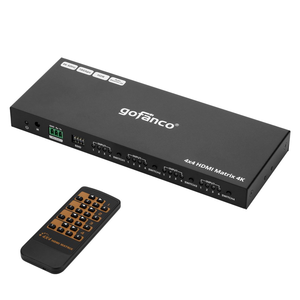 gofanco 4K 4x4 HDMI Matrix Switch Up to 4K 60Hz 4:4:4, HDR, HDCP 2.2/1.4, Auto Downscaling, EDID Management, 7.1ch Audio, Atmos, Lightning/Surge/ESD Protection, 4 in 4 Out Video (Matrix44HD2-BSC)