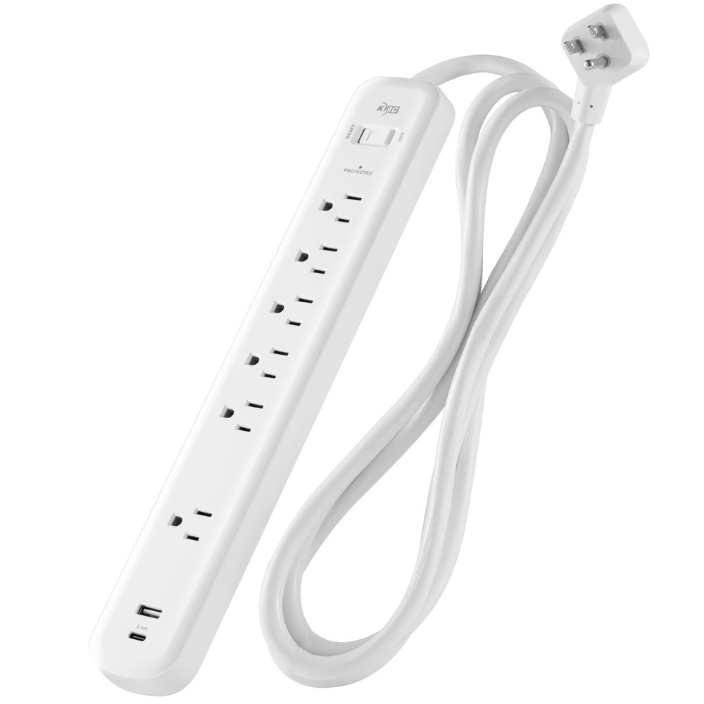 KMC 6-Outlet Surge Protector Power Strip, 1 USB-A & 1 USB-C Port, 840J Power Surge Protectors, 6ft Extension Cord, Flat Plug, White Power Strip Surge Protector, ETL/UL Certified Power Strips, White