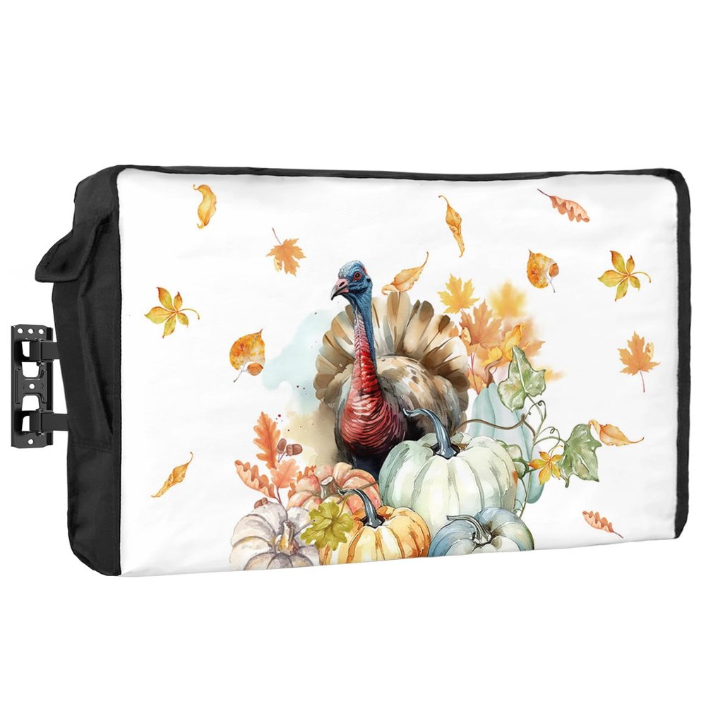 Outdoor TV Cover Waterproof and Weatherproof, Thanksgiving Watercolor Turkey with Pumpkins White Outside TV Cover for 48 to 50 inch LCD LED, Shield TV Display Screen Protector