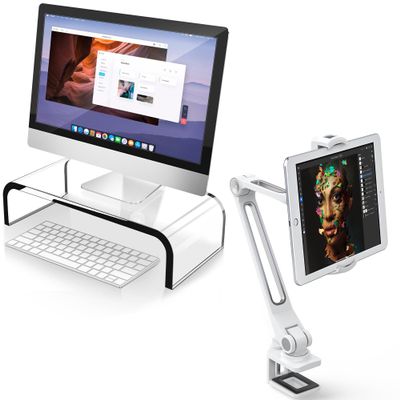 AboveTEK Acrylic Monitor Stand Clear Monitor Riser & Computer Desk Stand & Multi-Angle Adjustable iPad Clamp Holder