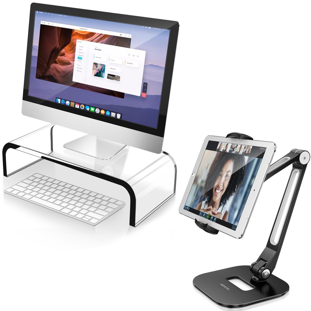 AboveTEK Acrylic Monitor Stand Clear Monitor Riser & Computer Desk Stand & Multi-Angle Adjustable Tablet Stand