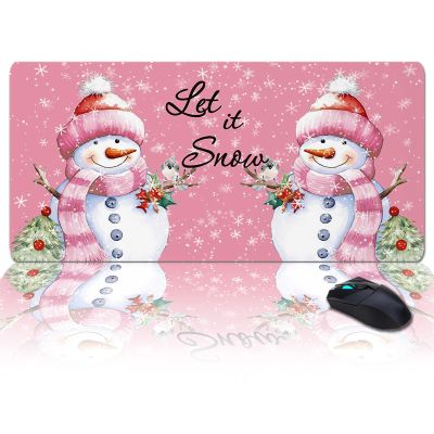 Christmas Oversized Gaming Mouse Pad, Merry Christmas Snowman with Robin Pink Desk Mat for Home Office Extended XXL Computer Mouse Pad with Non-Slip Backing for Laptop Desktop Keyboard,35x15 inch