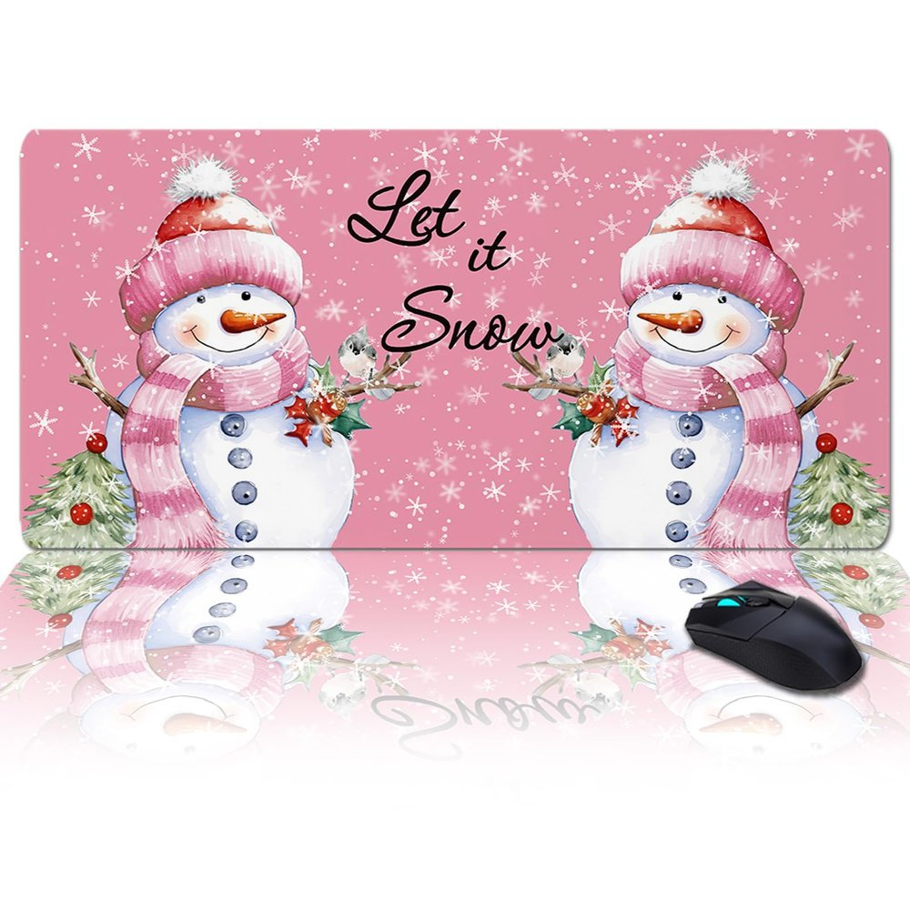 Christmas Oversized Gaming Mouse Pad, Merry Christmas Snowman with Robin Pink Desk Mat for Home Office Extended XXL Computer Mouse Pad with Non-Slip Backing for Laptop Desktop Keyboard,35x15 inch