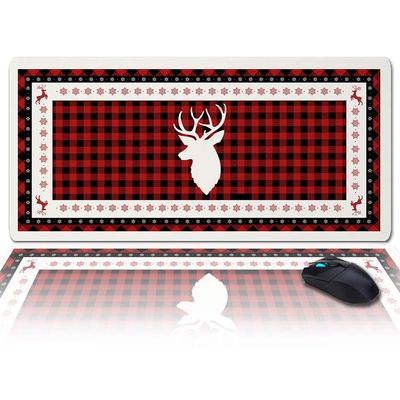 Christmas Oversized Gaming Mouse Pad, Xmas Deer Red Buffalo Plaid Desk Mat for Home Office Extended XXL Computer Mouse Pad with Non-Slip Backing for Laptop Desktop Keyboard,35x15 inch