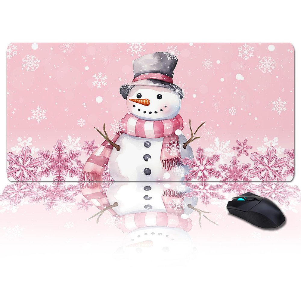 Christmas Oversized Gaming Mouse Pad, Christmas Pink Snowflake Elf Snowman Desk Mat for Home Office Extended XXL Computer Mouse Pad with Non-Slip Backing for Laptop Desktop Keyboard,35x15 inch
