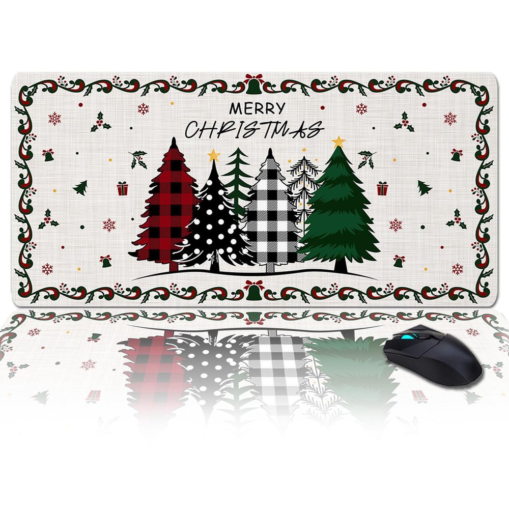 Oversized Gaming Mouse Pad, Merry Christmas Green Black Xmas Tree Floral Border Desk Mat for Home Office Extended XXL Computer Mouse Pad with Non-Slip Backing for Laptop Desktop Keyboard,35x15 inch