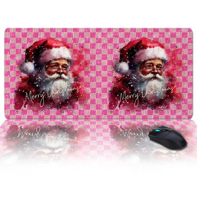 Christmas Oversized Gaming Mouse Pad, Christmas Pink Plaid Red Hat Santa Claus Desk Mat for Home Office Extended XXL Computer Mouse Pad with Non-Slip Backing for Laptop Desktop Keyboard,35x15 inch