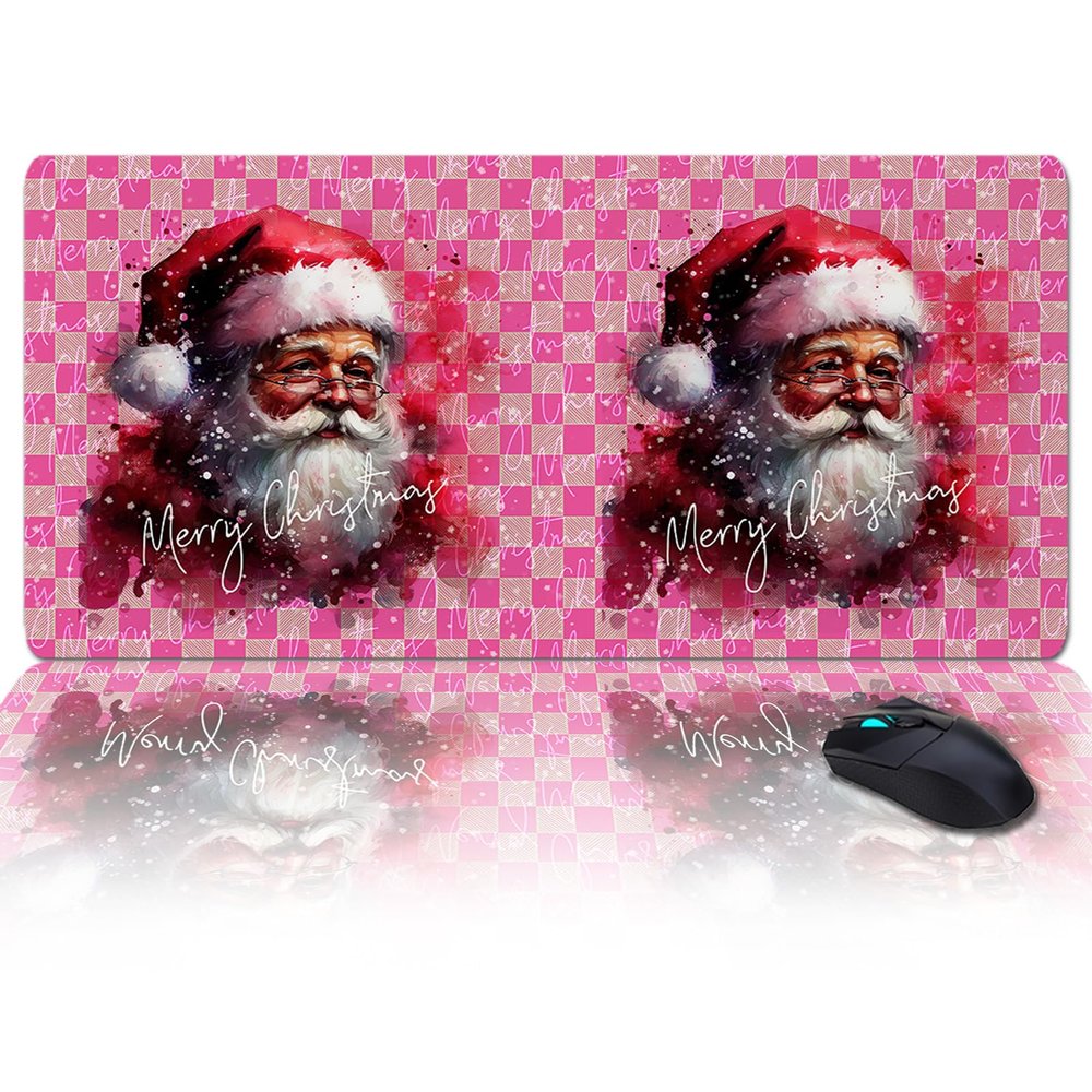 Christmas Oversized Gaming Mouse Pad, Christmas Pink Plaid Red Hat Santa Claus Desk Mat for Home Office Extended XXL Computer Mouse Pad with Non-Slip Backing for Laptop Desktop Keyboard,35x15 inch