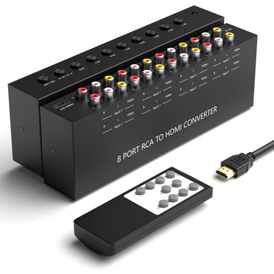 Azduou 8 AV to HDMI Converter, 1080P/720P 8 Way RCA Composite CVBS AV Switch to HDMI Converter Adapter Support 4:3/16:9 Switch for Sega Xbox PS1 PS2 PS3 N64 NGC SNES WII VHS VCR Camera DVD