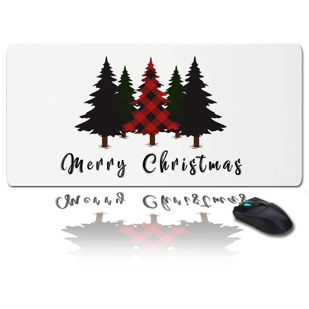 Christmas Oversized Gaming Mouse Pad, Merry Christmas Red Checked Christmas Tree Desk Mat for Home Office Extended XXL Computer Mouse Pad with Non-Slip Backing for Laptop Desktop Keyboard,35x15 inch