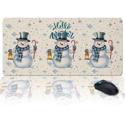 Oversized Gaming Mouse Pad, Hello Christmas Snowman with Snowflakes Beige Desk Mat for Home Office Extended XXL Computer Mouse Pad with Non-Slip Backing for Laptop Desktop Keyboard,35x15 inch