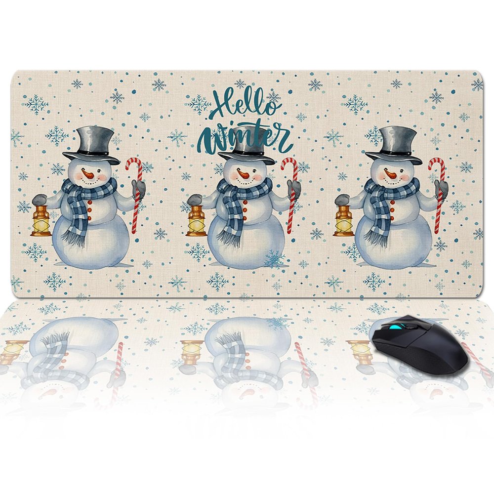 Oversized Gaming Mouse Pad, Hello Christmas Snowman with Snowflakes Beige Desk Mat for Home Office Extended XXL Computer Mouse Pad with Non-Slip Backing for Laptop Desktop Keyboard,35x15 inch