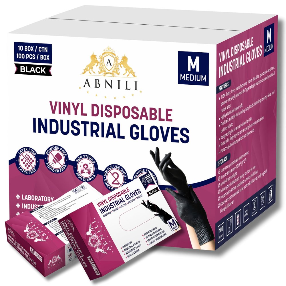 Abnili Black Vinyl Gloves Disposable Latex-free, Powder-free, Large 4.5-Mil 1000-Count, Food Handling, Cleaning, Cooking, kitchen & Household Use