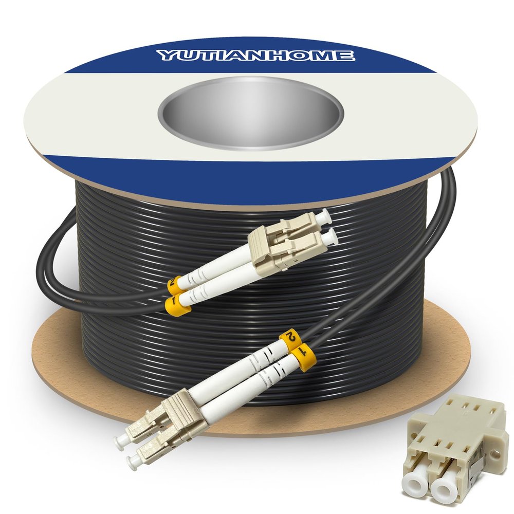 YUTIANHOME 50m (165ft) LC to LC Duplex OM3 Outdoor Armored Fiber Optic Patch Cable, 40Gb 10Gb, 50/125um Multimode Optical Fiber Cable, Low Friction LSZH Black