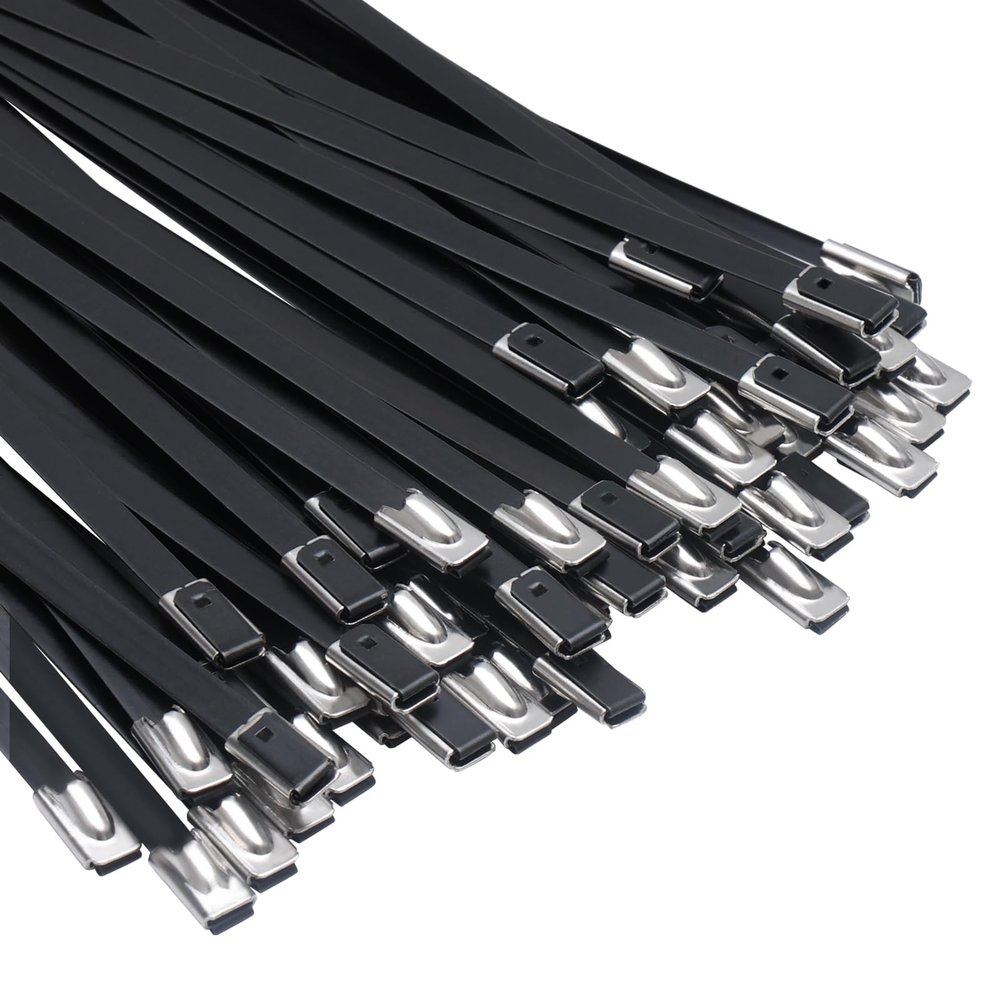 APIELE 11.8-inch Stainless Steel Black Zip Ties Epoxy Coated Zip Tie, Multi-Purpose Self-Locking Stainless Steel Zip Ties(100 PCS)